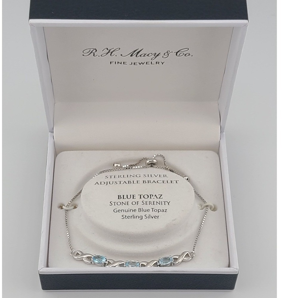 Macy & Co Sterling Silver Blue Topaz Adjustable Bolo Bracelet NEW